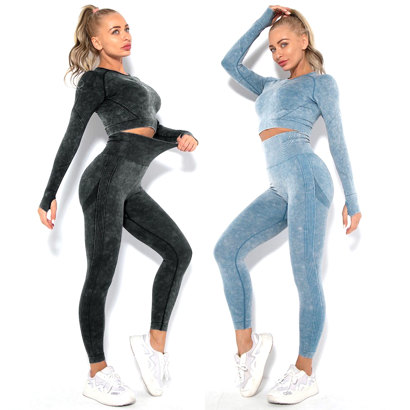 Hot Sexy Seamless Long Sleeve Gym Athletic Apparel for Women, Custom Retro Fashion Streetwear Workout Crop Top + Scrunch Booty Leggings Stretchy Activewear Sets