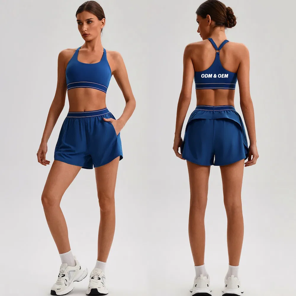 Wholesale 2PCS Cute and Premium Sportswear Tennis Apparel for Women, Color-Collision Sports Bra + Matching Athletic Shorts with Zipper Pocket Running Outfits