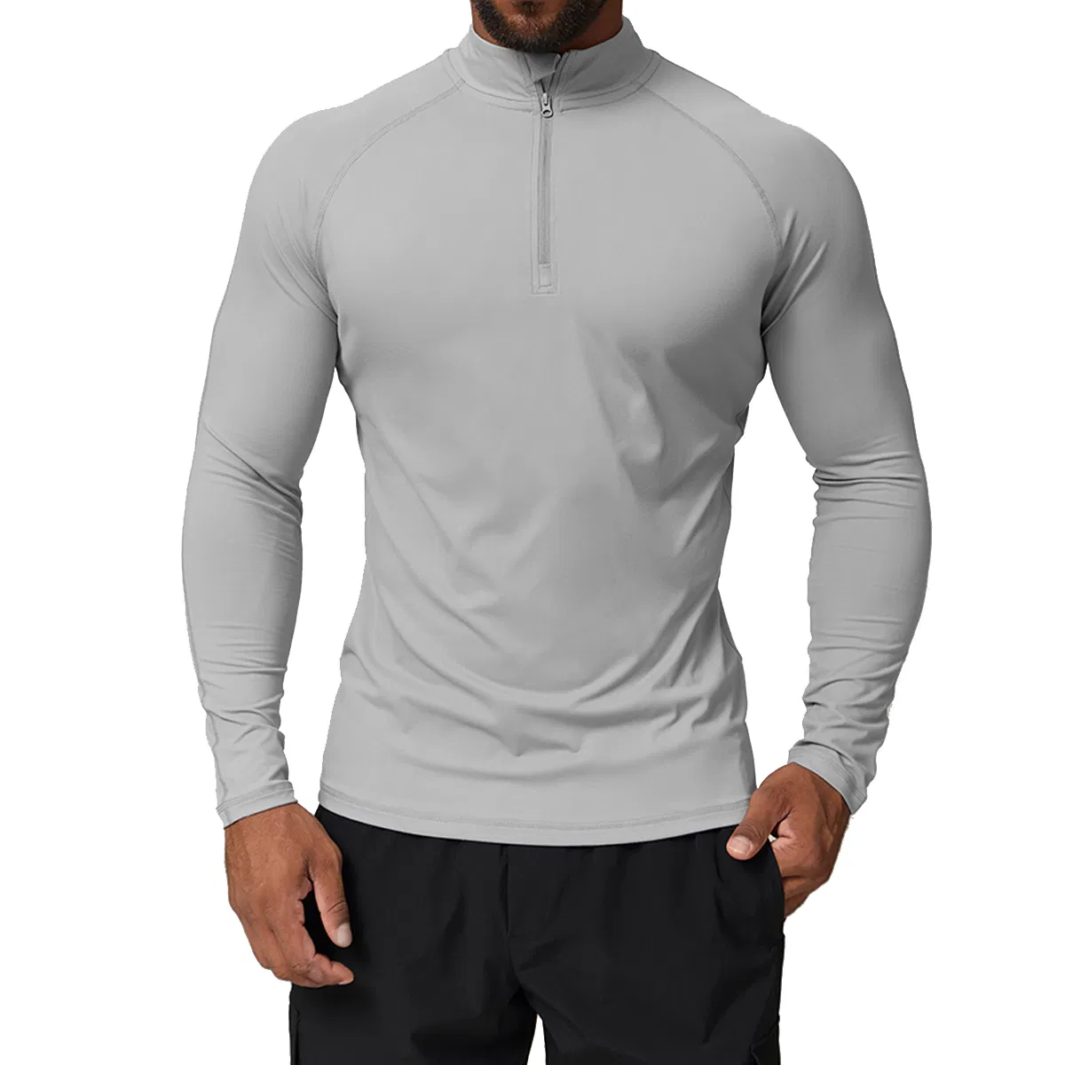 Men's Quarter Zipper Long Sleeve Athletic Gym Wear Performance Running Stretch Slim Fit Bodybuilding Sports Training Activewear