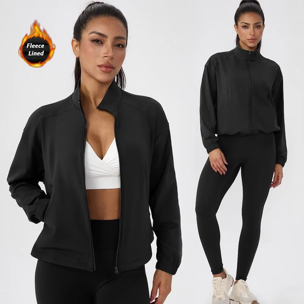 New Listing Two-Pieces Fleece Lined Athletic Apparel for Women, Fancy Tracksuit Zipper Jackets with Pockets and Adjustable Hem + Yoga Running with Scrunch Booty