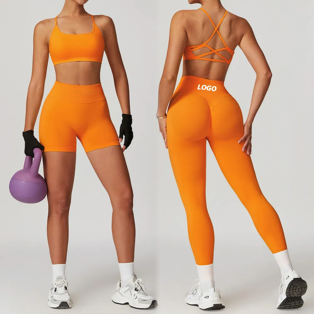 Wholesale 3 PCS Plus Size Seamless Yoga Set Pilates Fitness Clothing Vendor, Sexy Strappy Back Sports Bra + Gym Shorts + Workout Leggings Matching Activewear