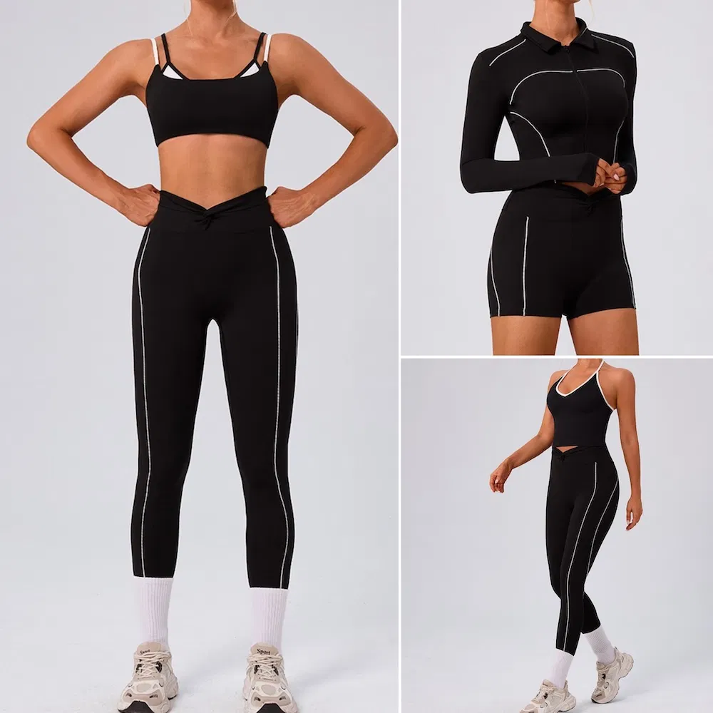 5 PCS Set New Premium Color-Block Athletic Wear for Woman, Lapel Collar Activewear Jacket + Sports Top + Yoga Shorts + Fitness Leggings with Side Strips