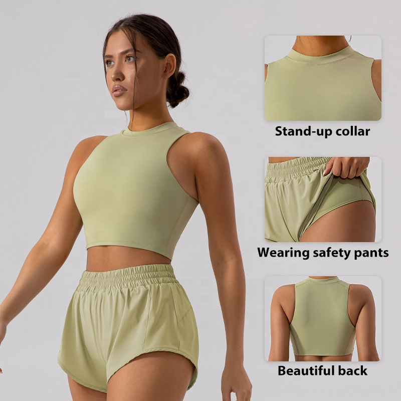 Hot Selling High Elasticity Quick Drying Woman Athletic Gym Workout Set Slim Fit Sleeveless Sports Tank Top and Runnning Shorts Fitness Apparel