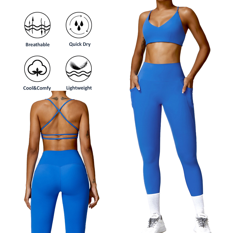 Wholesale American and European Fashion Plunge V Neck Activewear for Women, Sexy Supportive Workout Bra + Gym Leggings with Side Pockets Yoga Sports Suit