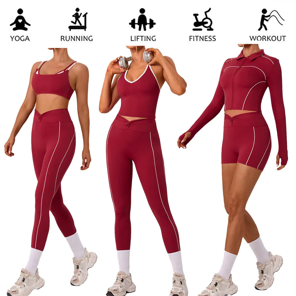 5 PCS Set New Premium Color-Block Athletic Wear for Woman, Lapel Collar Activewear Jacket + Sports Top + Yoga Shorts + Fitness Leggings with Side Strips