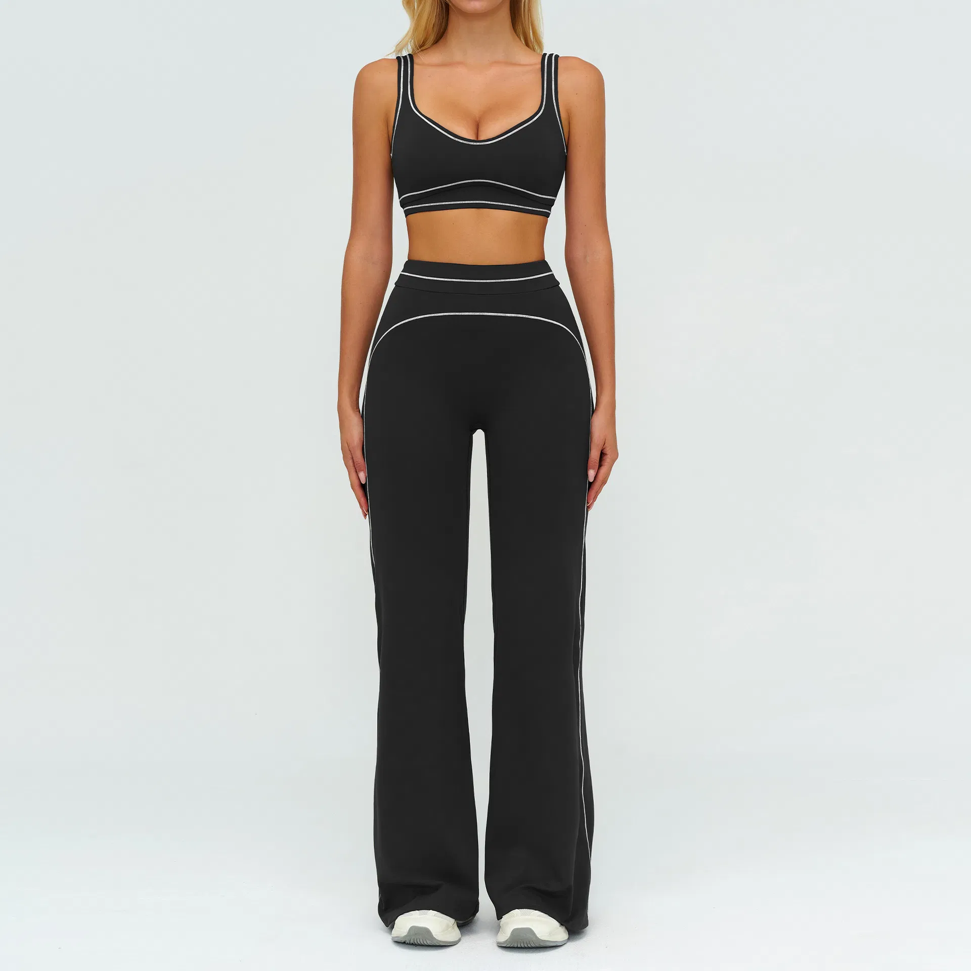 Custom Logo Women's 2 Piece Yoga Set - Contrast Stitching Sports Bra &amp; High Waist Flare Leggings Workout Activewear