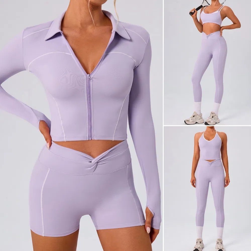 5 PCS Set New Premium Color-Block Athletic Wear for Woman, Lapel Collar Activewear Jacket + Sports Top + Yoga Shorts + Fitness Leggings with Side Strips