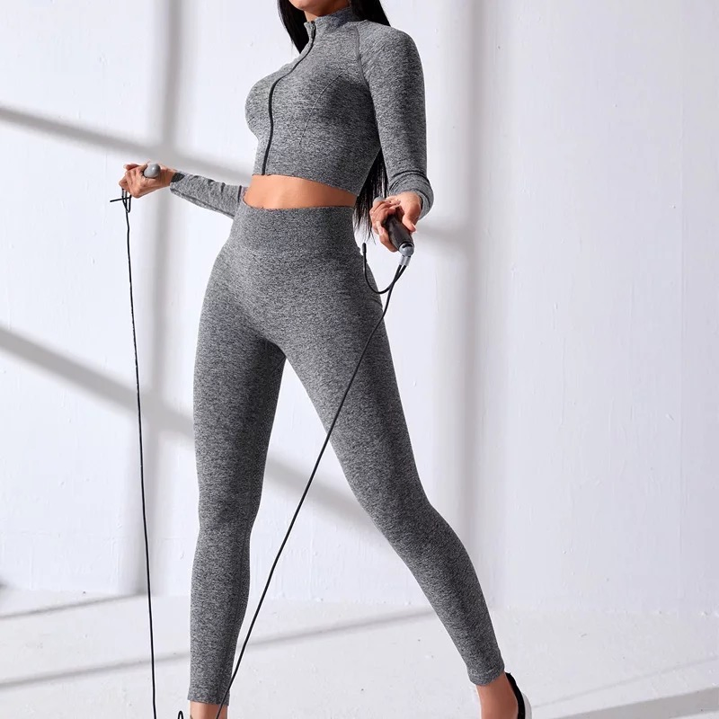 2 Piece Plus Size Slim Fit Seamless Zipper Long Sleeve Jacket Top with Butt Lift Leggings Activewear Suit Soft Stretchy Airy Athletic Clothing Set