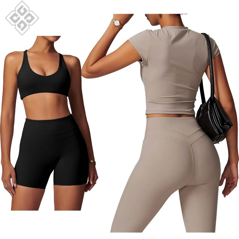 Tight High Waist Yoga Sets, Bra, Short, T Shirt, Pants, 4 Peice Gym Wear Suits Outdoor Running Sportswear