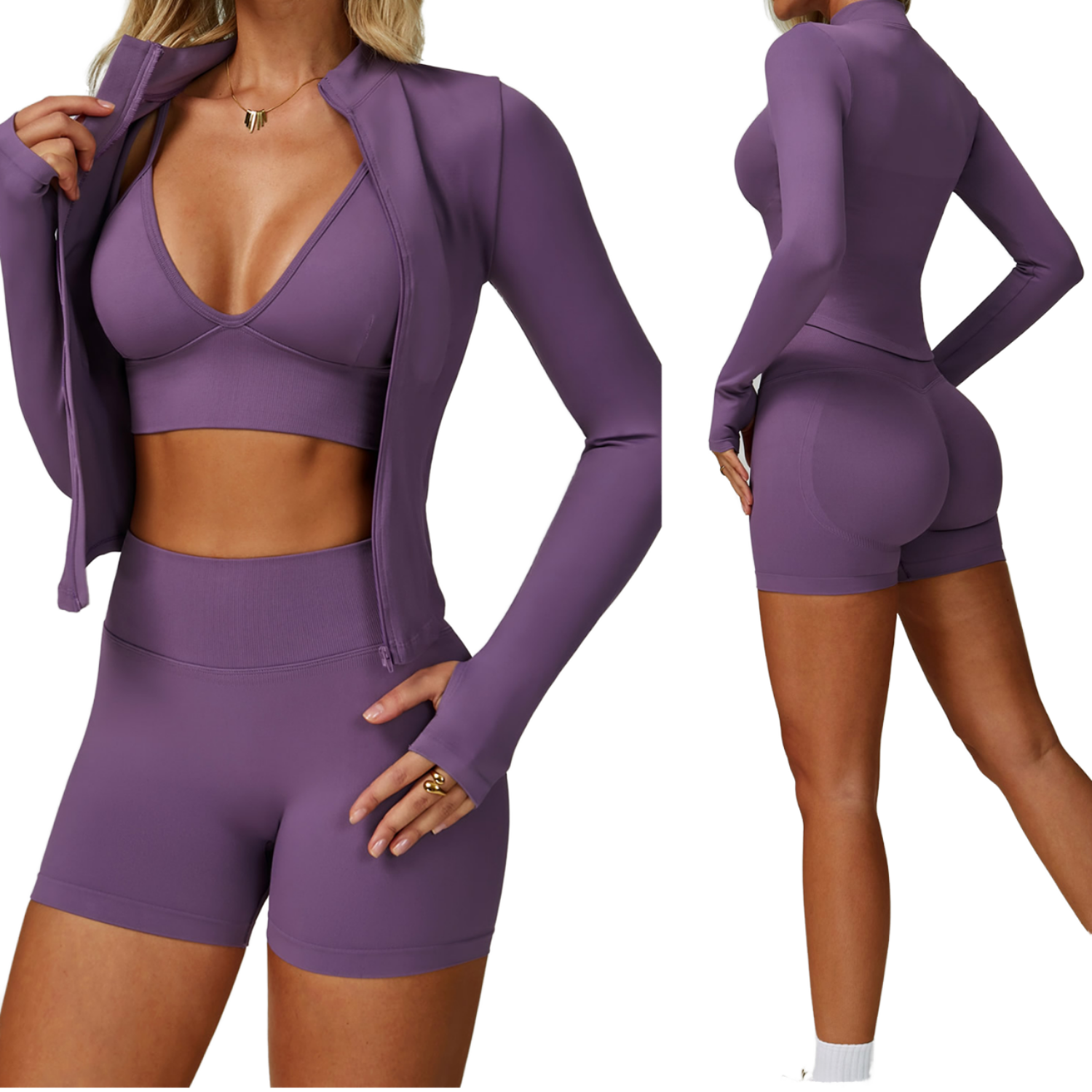 Custom Logo Sportswear Long Sleeve Zipper Jacket Elastic Yoga Shorts Active Wear Women Gym Fitness 3 Piece Yoga Set