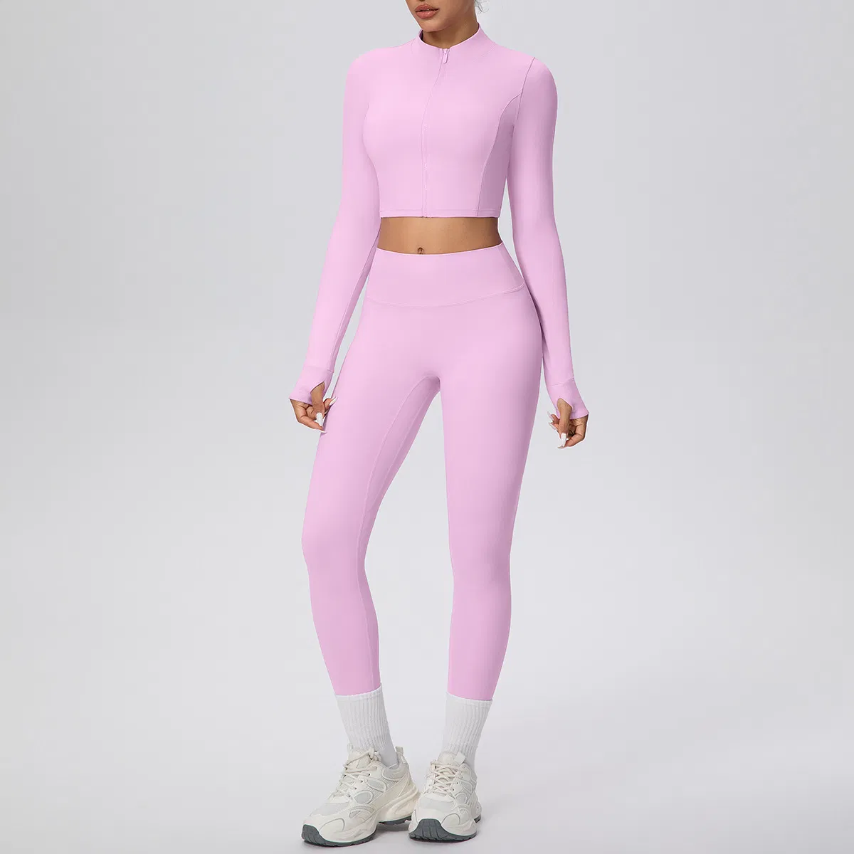 2PCS European and American Trendy Yoga and Pilates Fitness Apparel for Women, Long Sleeve Cropped Zipper Jacket + High Waisted Running Leggings Tracksuit Set
