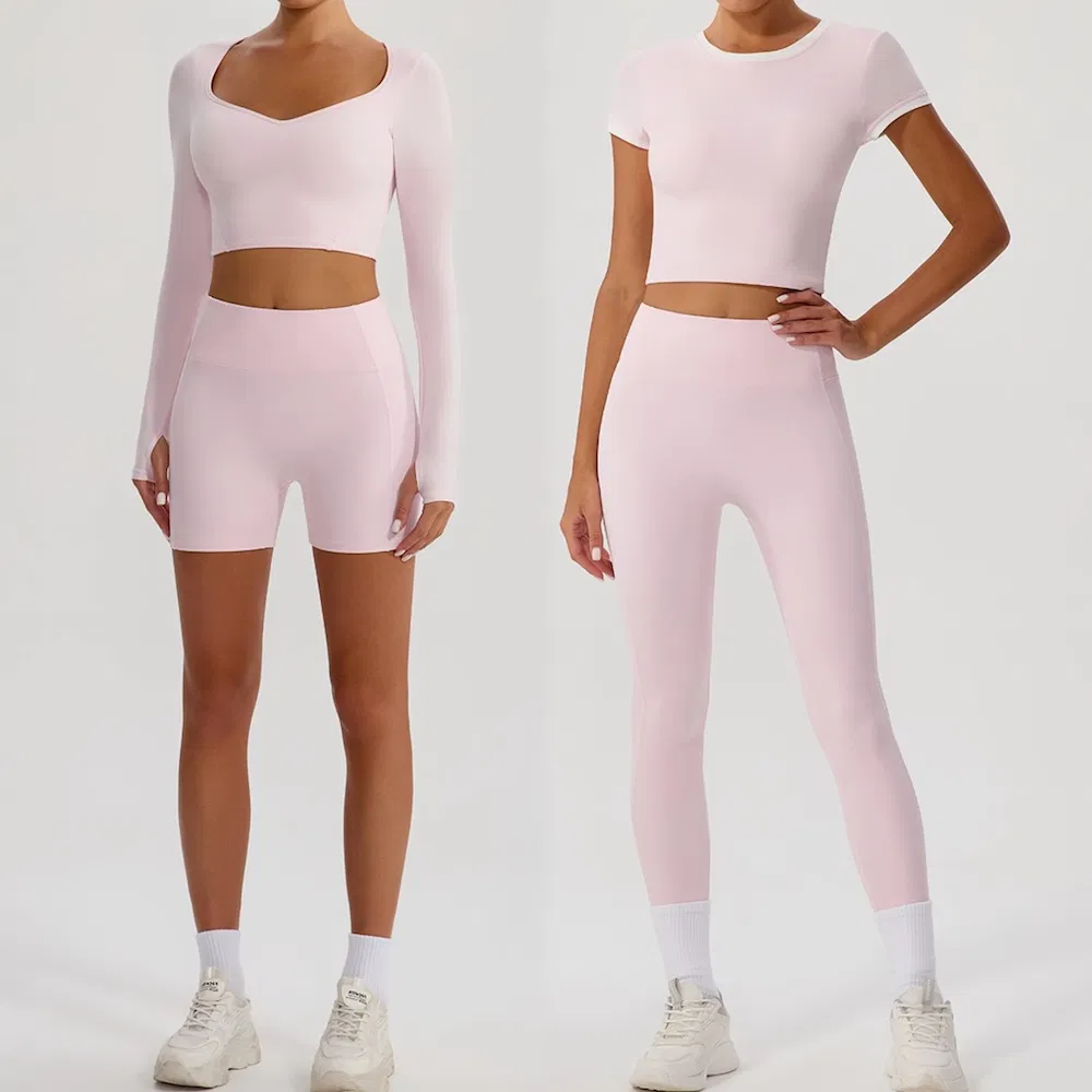 Custom 4PCS Color-Block Workout Outfits Fitness Apparel for Women, 2 Styles Athletic T-Shirt + Biker Shorts + Yoga Leggings + Premium Matching Activewear Set