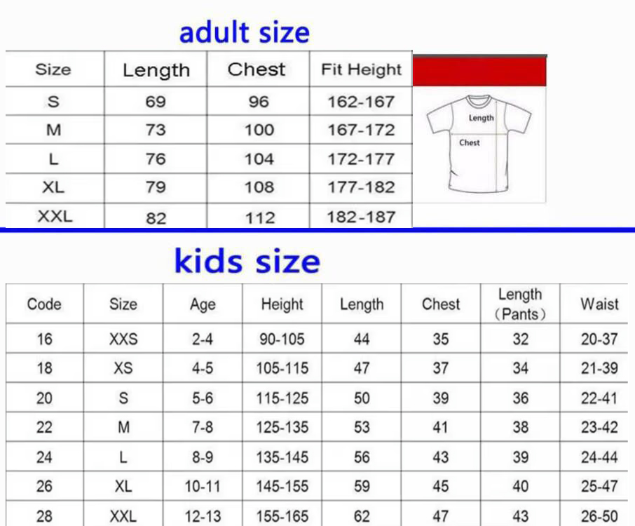 Size Chart for Football Jersey