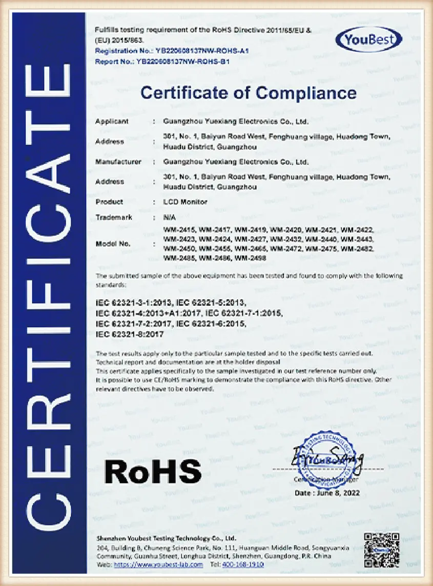 RoHS compliance certificate for WEIER TVs