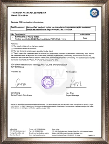Weihua Cookware Additional Quality and Compliance Certificate