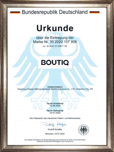German Trademark BOUTIQ - Weihua Cookware Brand Registration