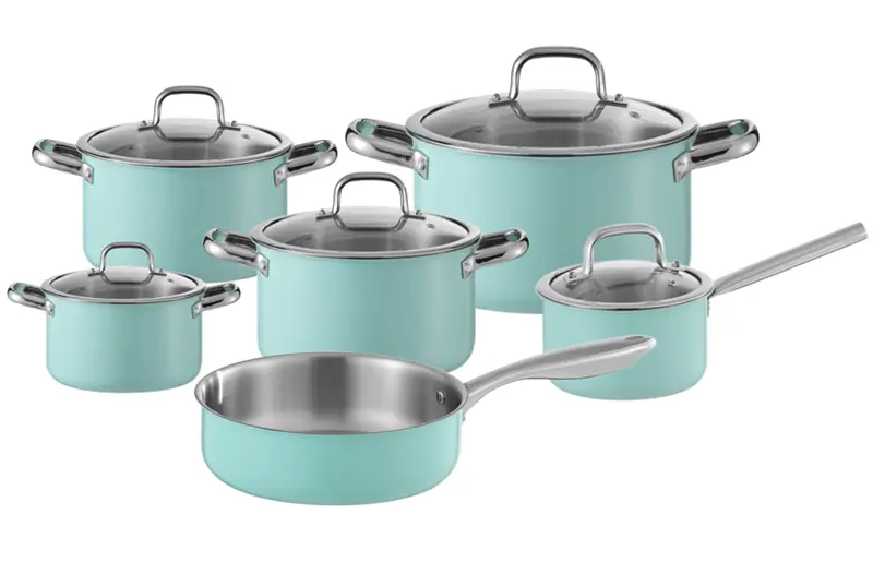 CE Certification WEIHUA Green Coating 11PCS Straight-Sided 3-Ply Cookware with Satin Interior Manufacturers, Product