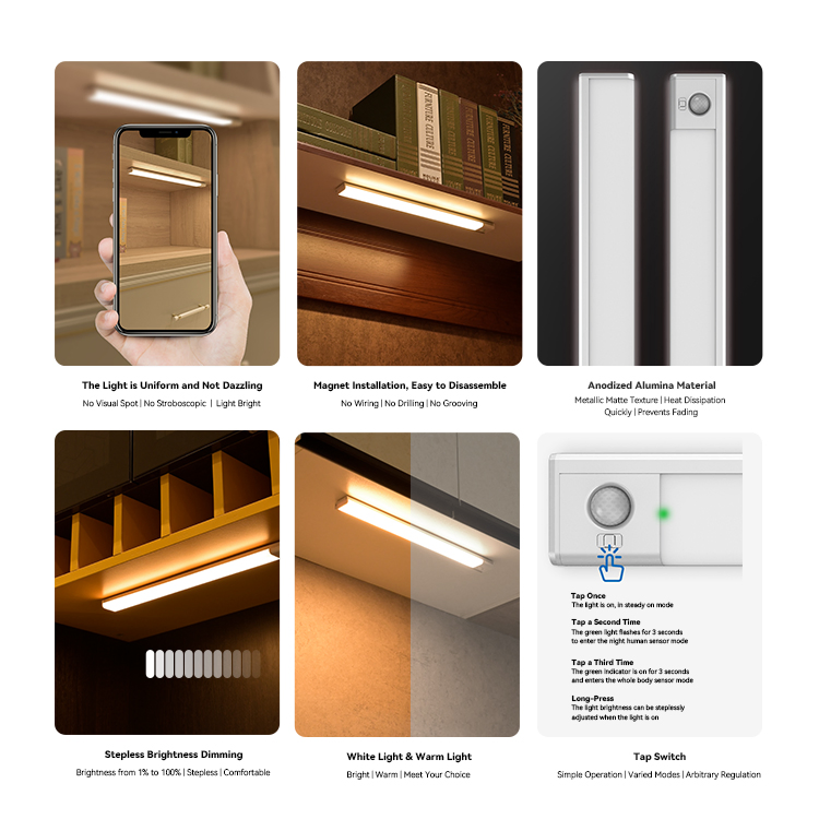 Custom Made 1600mAh Battery Fast Charging PIR LED Night Light Shoe Cabinet Stepless Dimming Infrared Motion Sensor Light Indoor