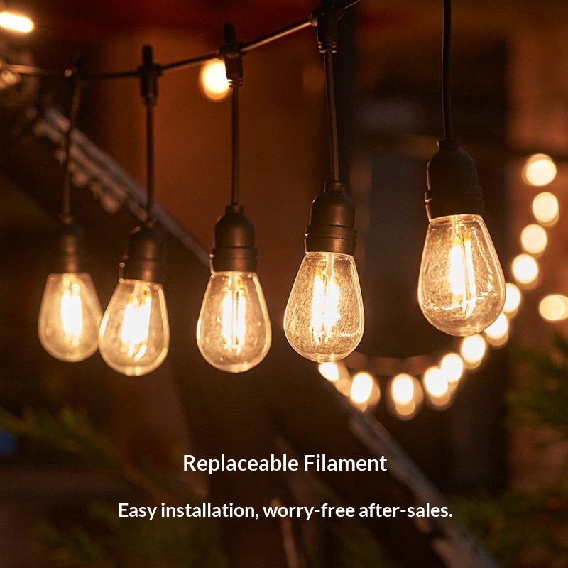 Cross-Border US-Standard S14 Outdoor String Lights 10m/15m Retro Camping Patio Decorative Dimmable Solar-Powered IP66 Waterproof