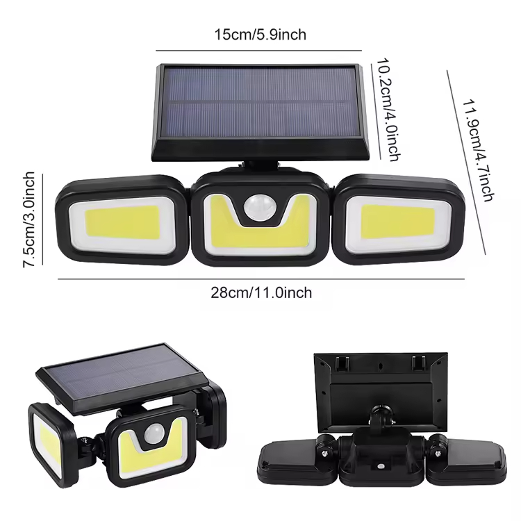 3 Head Rotatable Solar Motion Sensor Wall Light, IP65 Waterproof Outdoor Solar Security Light for Garden