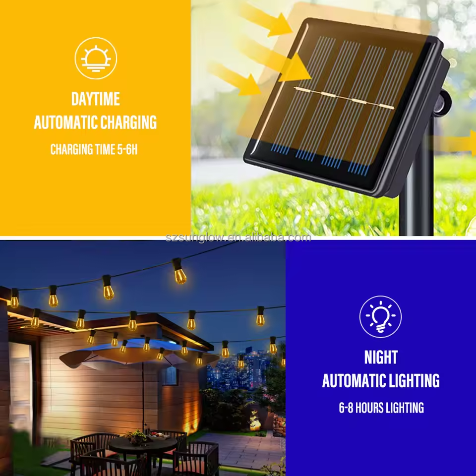 LED Solar String Light Outdoor Waterproof Christmas Decoration 10-30 S14 Bulbs Retro Camping Garland Garden Party Fairy Lamp