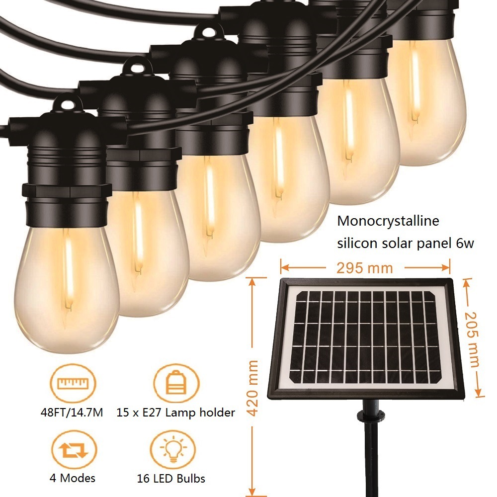 6W 15LED S14 Solar Filament String Lights E27 LED Retro Edison Filament Bulb Outdoor Garden Patio Holiday Wedding Light String