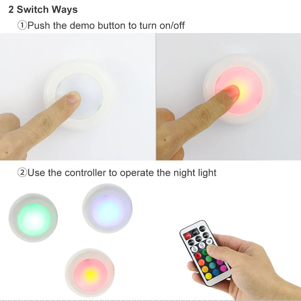 LED RGB Color Cabinet Wireless Lights Battery Operated Puck Light with Remote Control