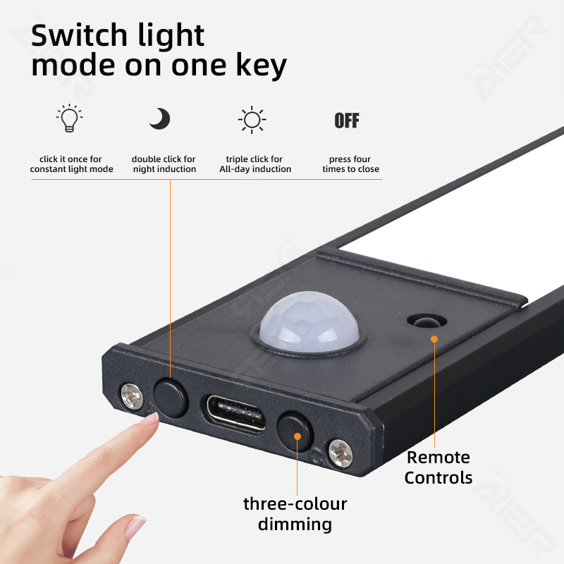 3 Color Dimmable 5V USB Rechargeable Kitchen Cabinet Closet Wardrobe LED Motion Sensor Light