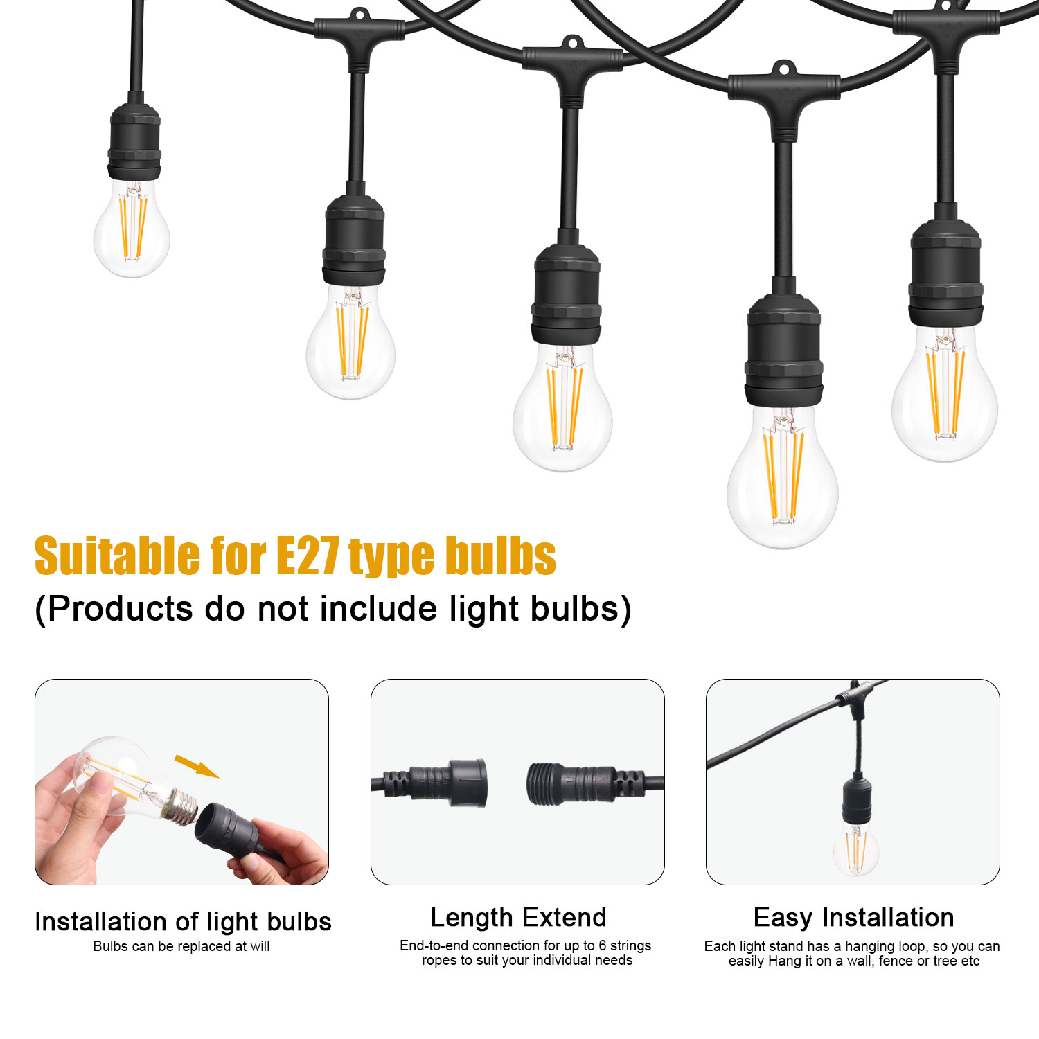 Supplier 48ft E27 Festoon Light Solar Holiday Garden Patio Cafe Decorative Waterproof Outdoor LED String Light