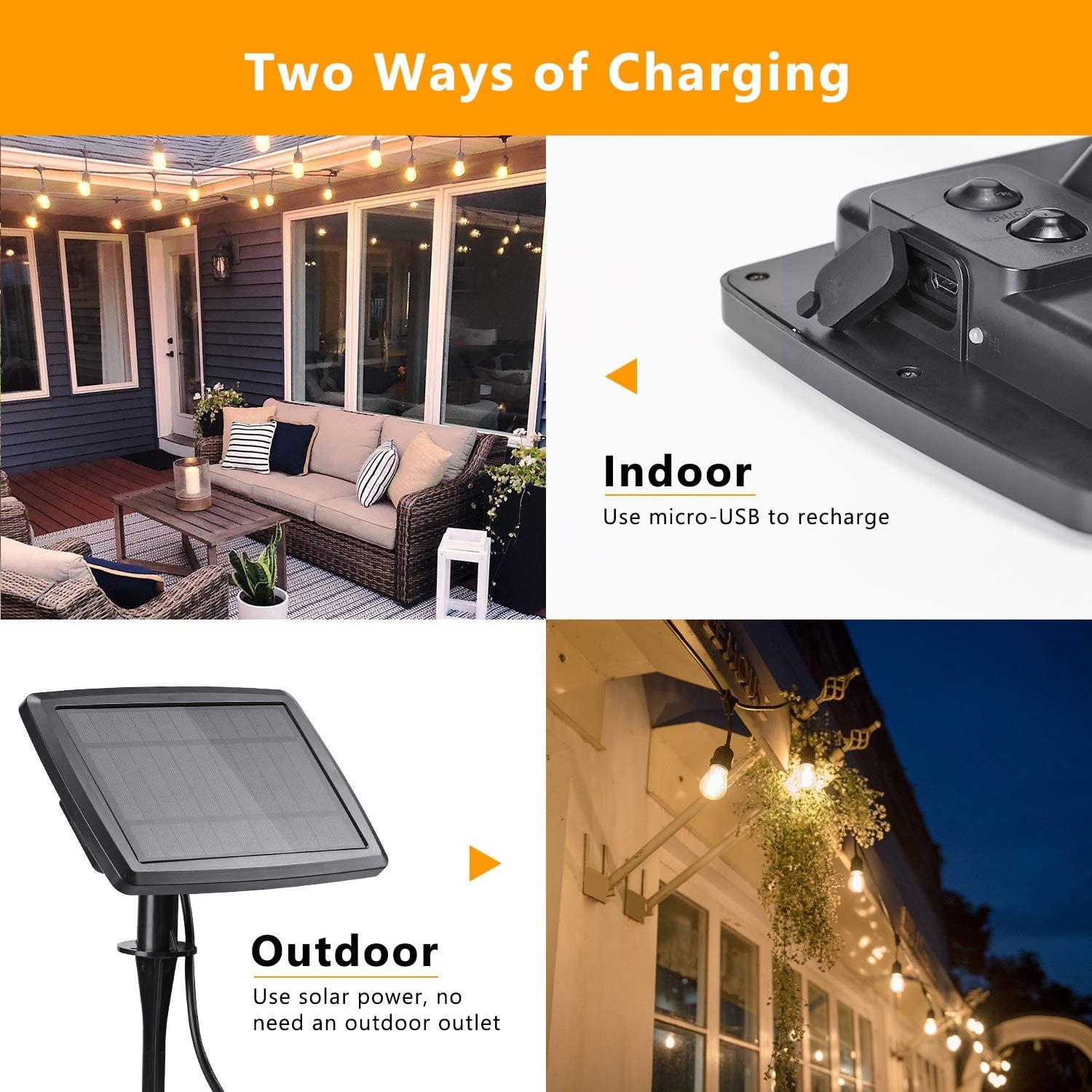 10m 15m/48FT LED Solar S14 Patio String Lights Warm White Waterproof Outdoor Lights Garden Patio Wedding Party