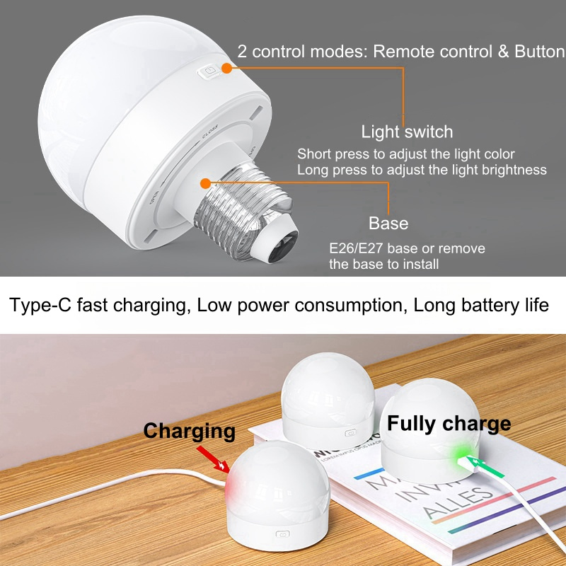 LED Battery Operated Light Smart Rechargeable Remote Control E27 Bulb