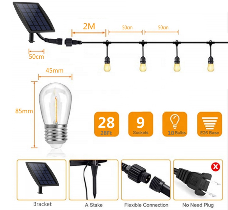 Waterproof Solar Powered Outdoor String Lights Vintage Edison Bulbs Create Bistro Ambience on Patio Commercial Grade