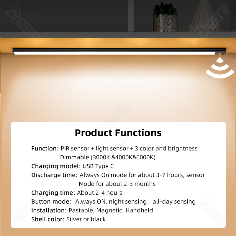 3 Color Dimmable 5V USB Rechargeable Kitchen Cabinet Closet Wardrobe LED Motion Sensor Light