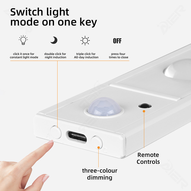 Ultra-Thin Indoor Lighting 3 Color Dimmable 5V USB Rechargeable Kitchen Cabinet Closet Wardrobe Motion Sensor Light