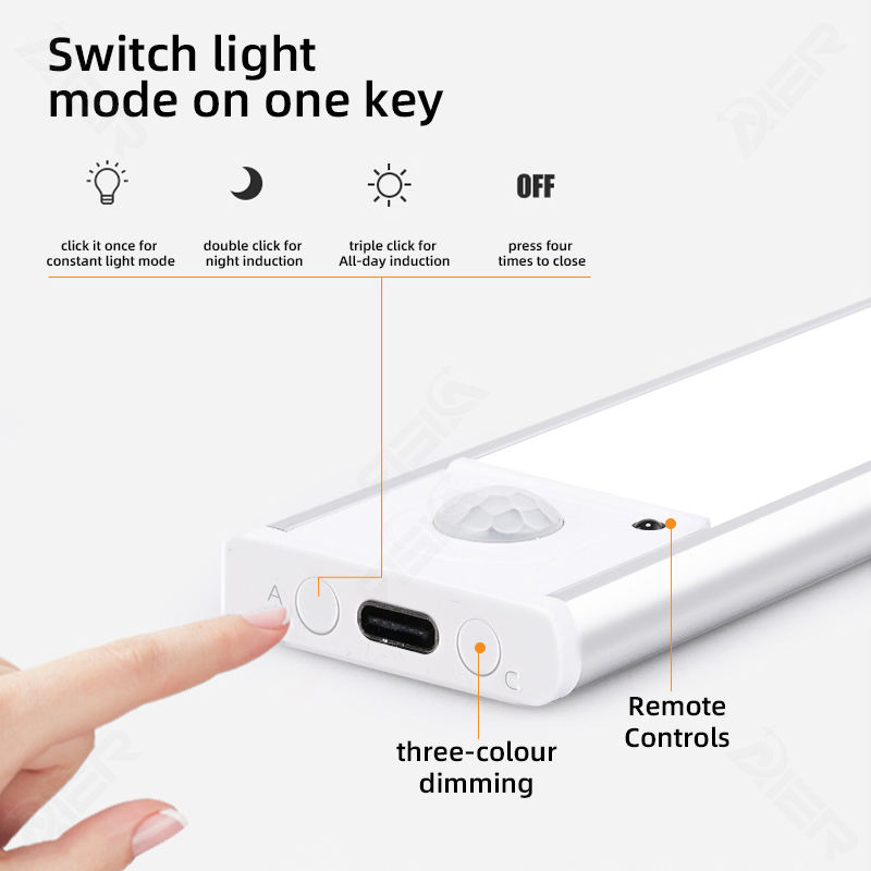 Ultra-Thinusb Rechargeable Kitchen Cabinet Closet Wardrobe Indoor Lighting 3 Color Dimmable 5V LED Motion Sensor Light