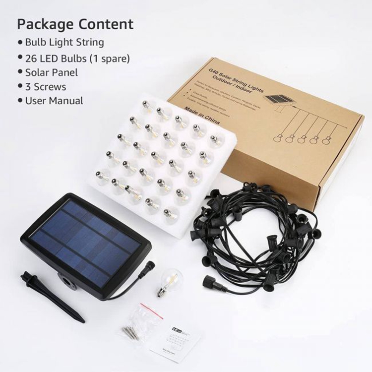 7.6 Meters 25LED G40 Bulb Solar String Light Starry Lights Waterproof Outdoor Vintage Edison Lamps for Garden Patio Terrace