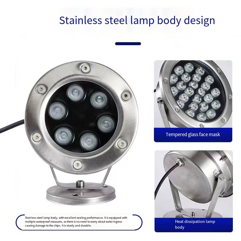 Stainless Steel Underwater LED Lamp for Swimming Pool Fountain IP68 Rated Low Voltage 24V 3-Year Warranty CRI 80 3 Color