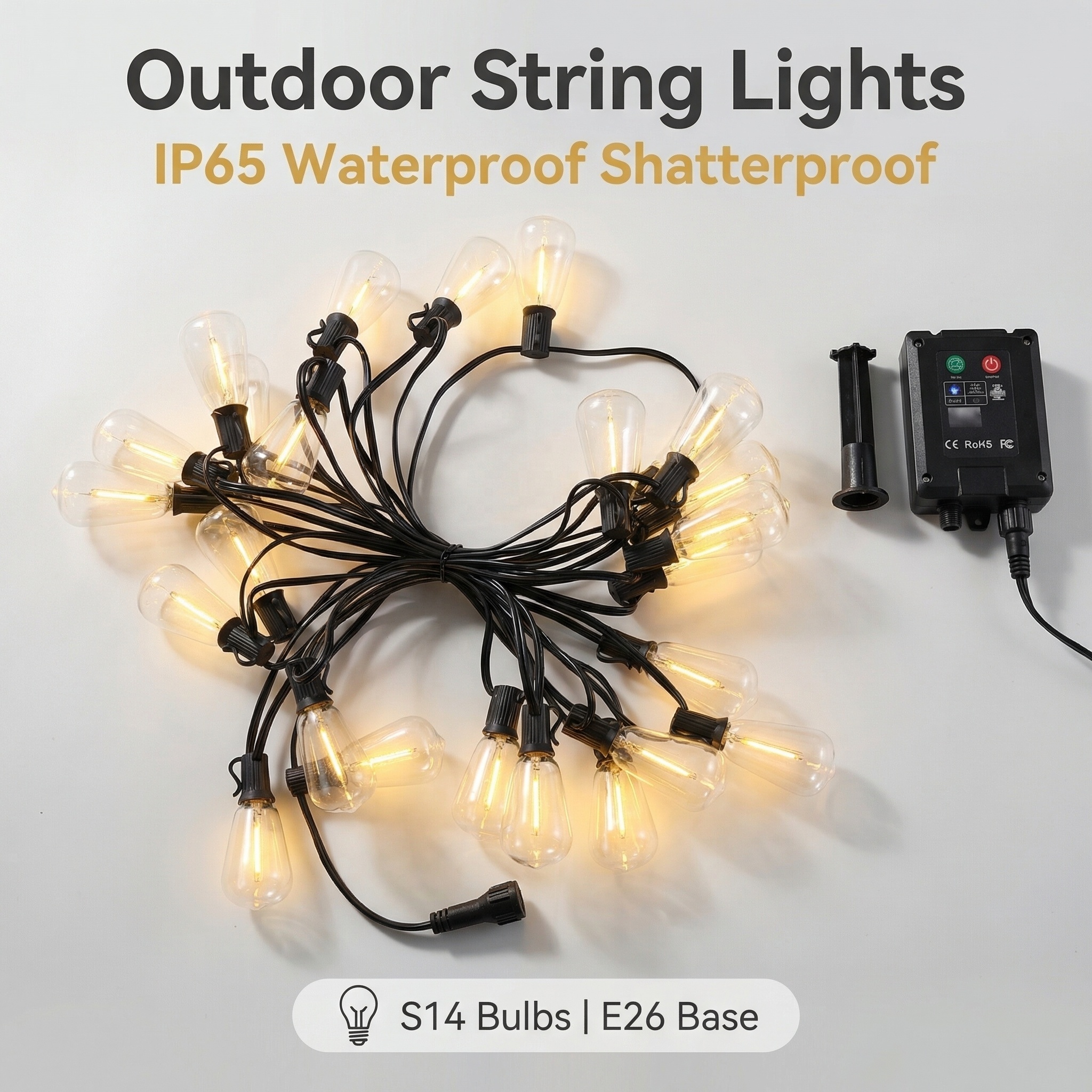 IP65 Waterproof LED Outdoor Edison Bulb ST38 String Lights Commercial Grade Patio Lights for Backyard Garden Wedding Party