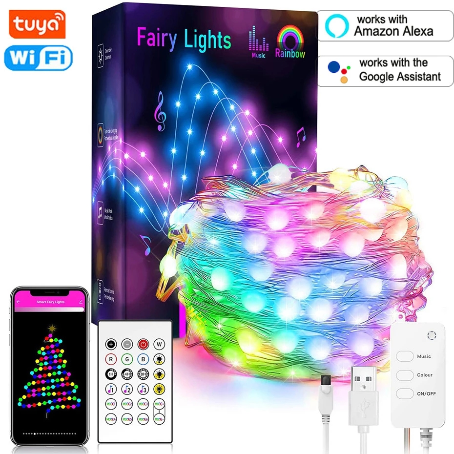 RGB LED Strip Tuya Smart WiFi LED Fairy Strip Lights 10m 100LEDs Rgbic Work Alexa Music Sync APP Remote for DIY Home Decoration