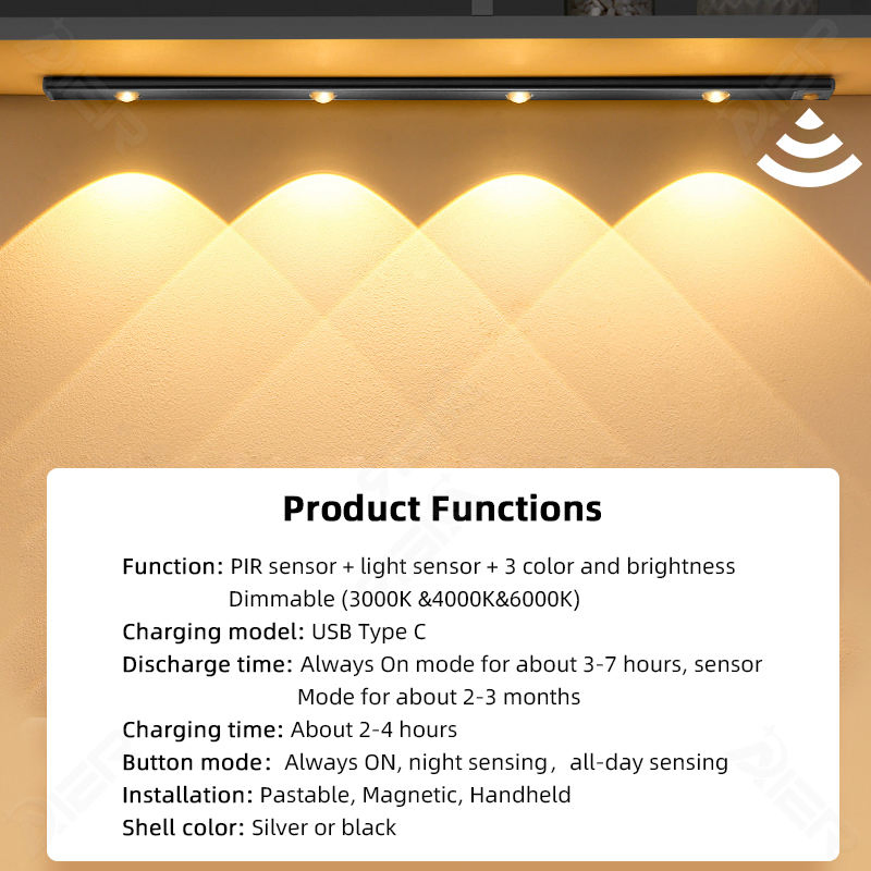 Black Aluminum Dimmable Operated Motion Sensor Under Counter Lights Forusb LED Rechargeable Kitchen Stairs