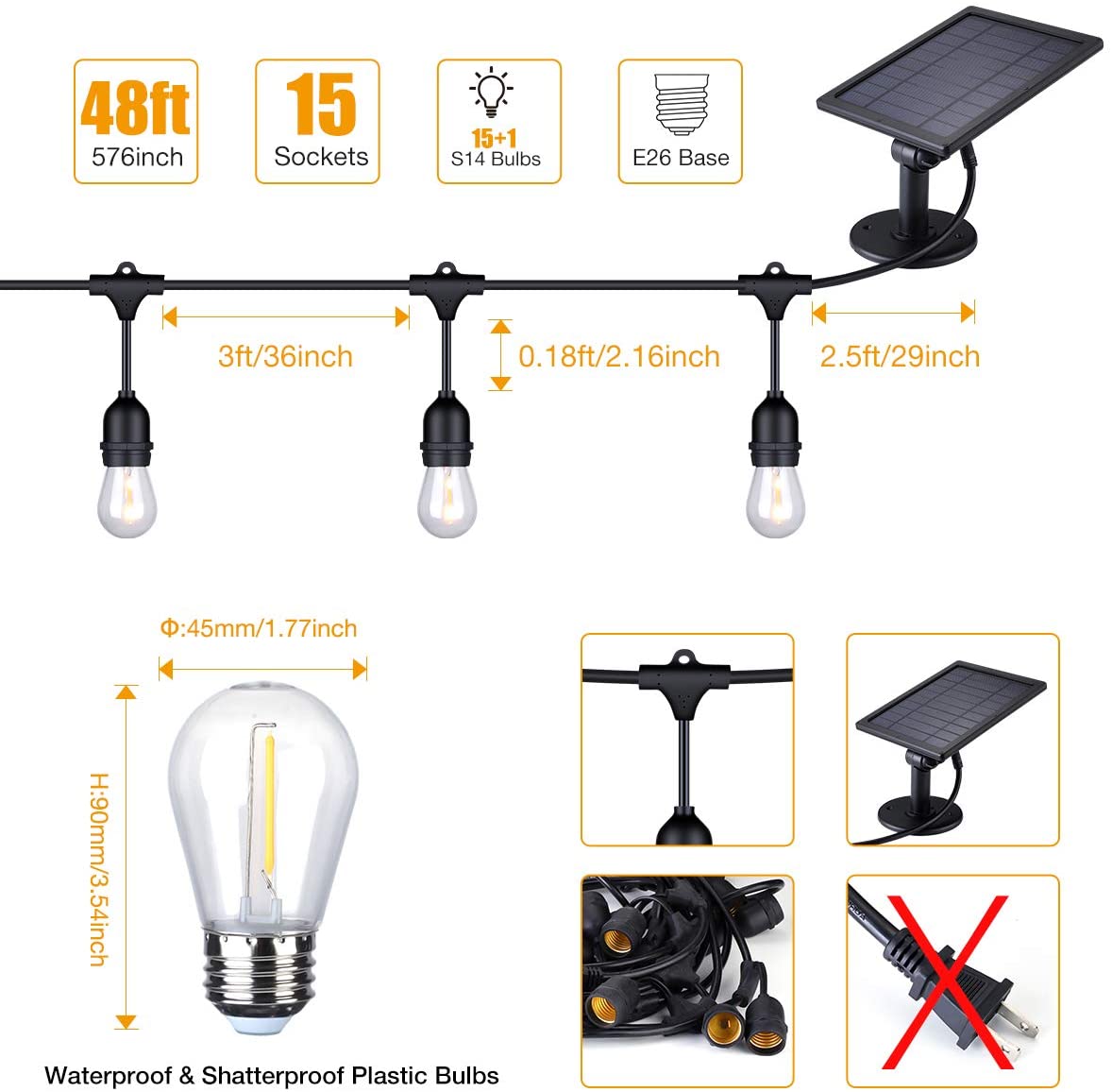 Hanging Dimmable S14 Vintage Edison Bulbs 48ft Outdoor Led Solar String Lights