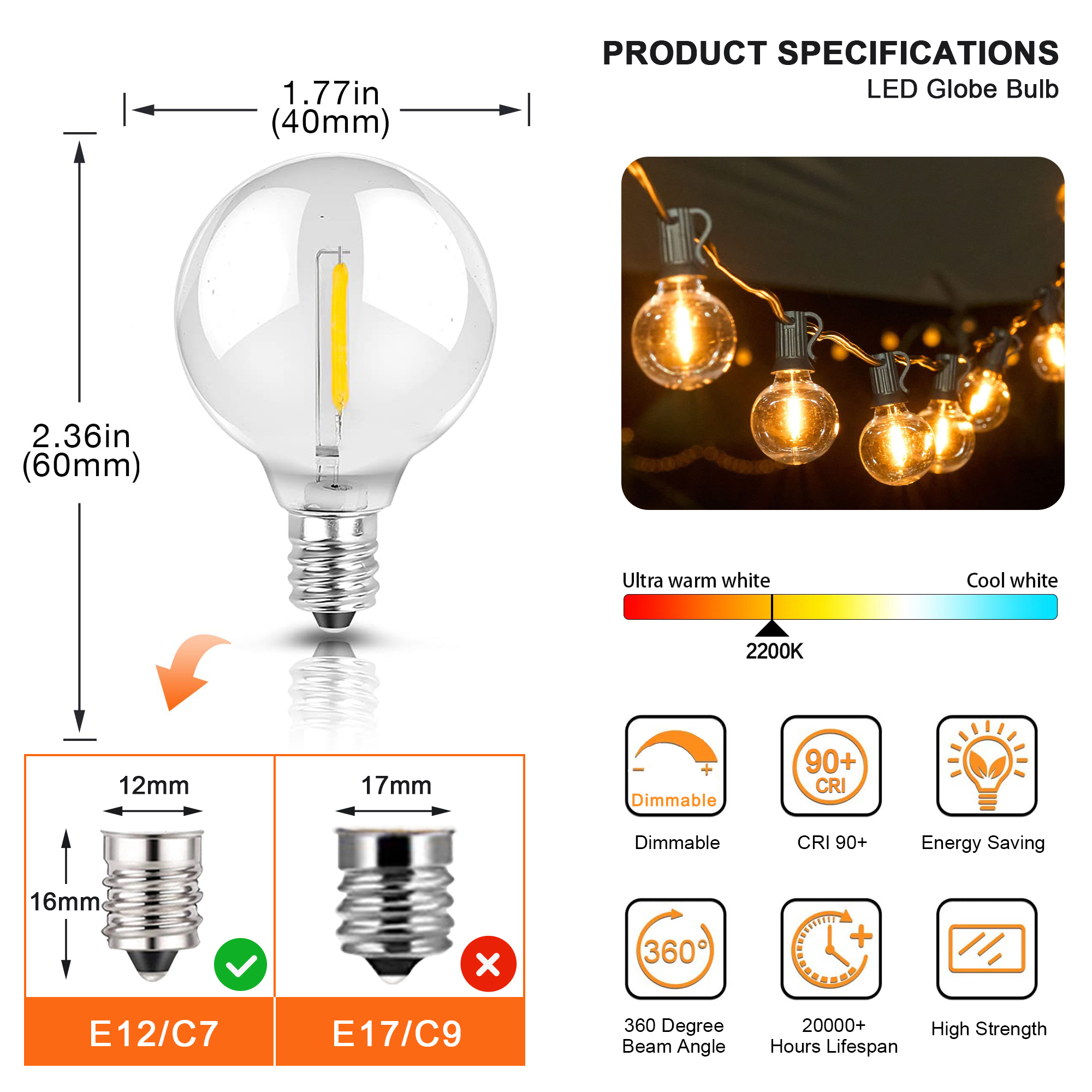 9M 15M 22M Festoon LED String Light G40 Shatterproof Globe Bulb Patio Light Outdoor Garland Light For Garden Wedding Decoration
