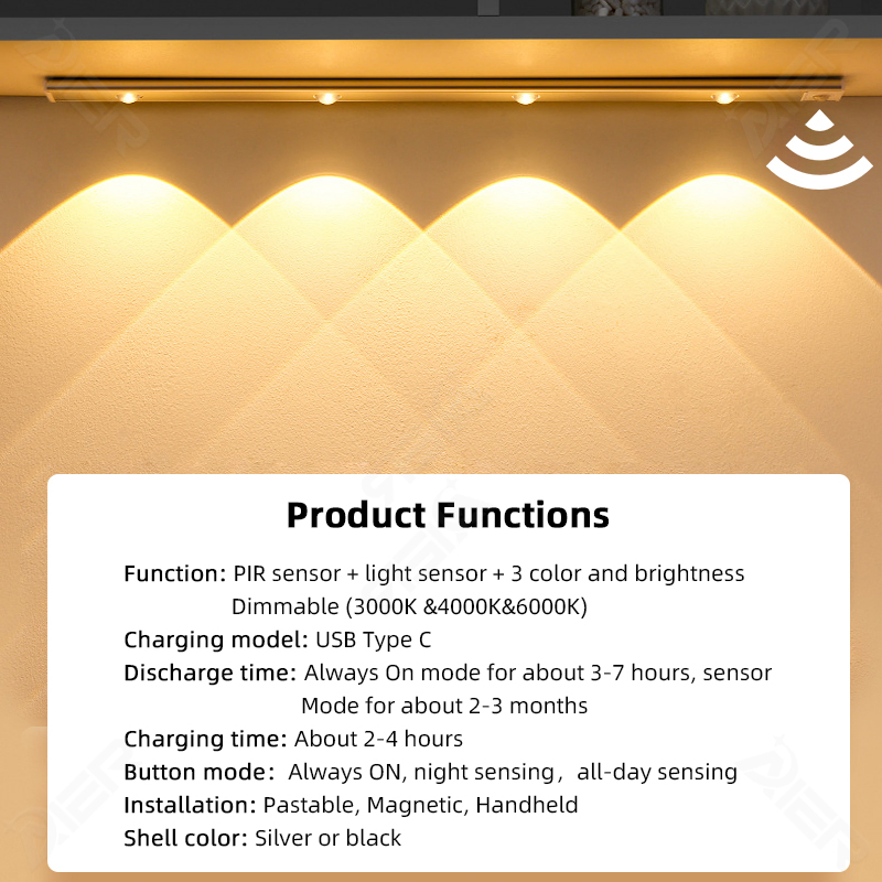 Ultra-Thin Indoor Lighting 3 Color Dimmable 5V USB Rechargeable Kitchen Cabinet Closet Wardrobe Motion Sensor Light