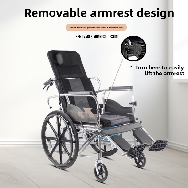 Fully Reclining Hydraulic Backrest Adjustment Carbon Steel Wheelchair Mobility Aid Portable Lightweight for Seniors People