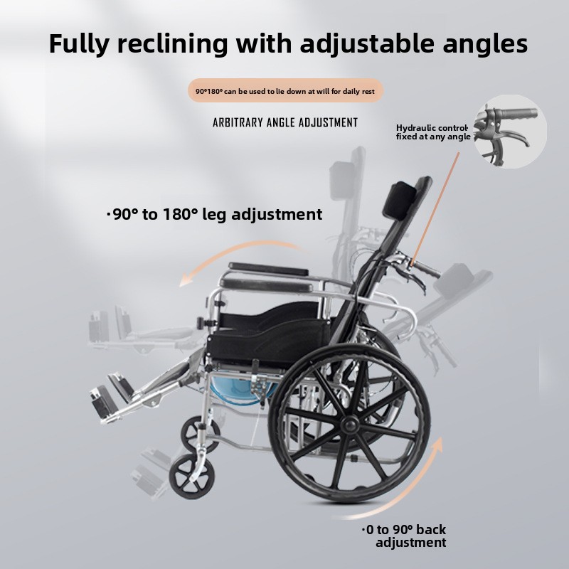 Fully Reclining Hydraulic Backrest Adjustment Carbon Steel Wheelchair Mobility Aid Portable Lightweight for Seniors People