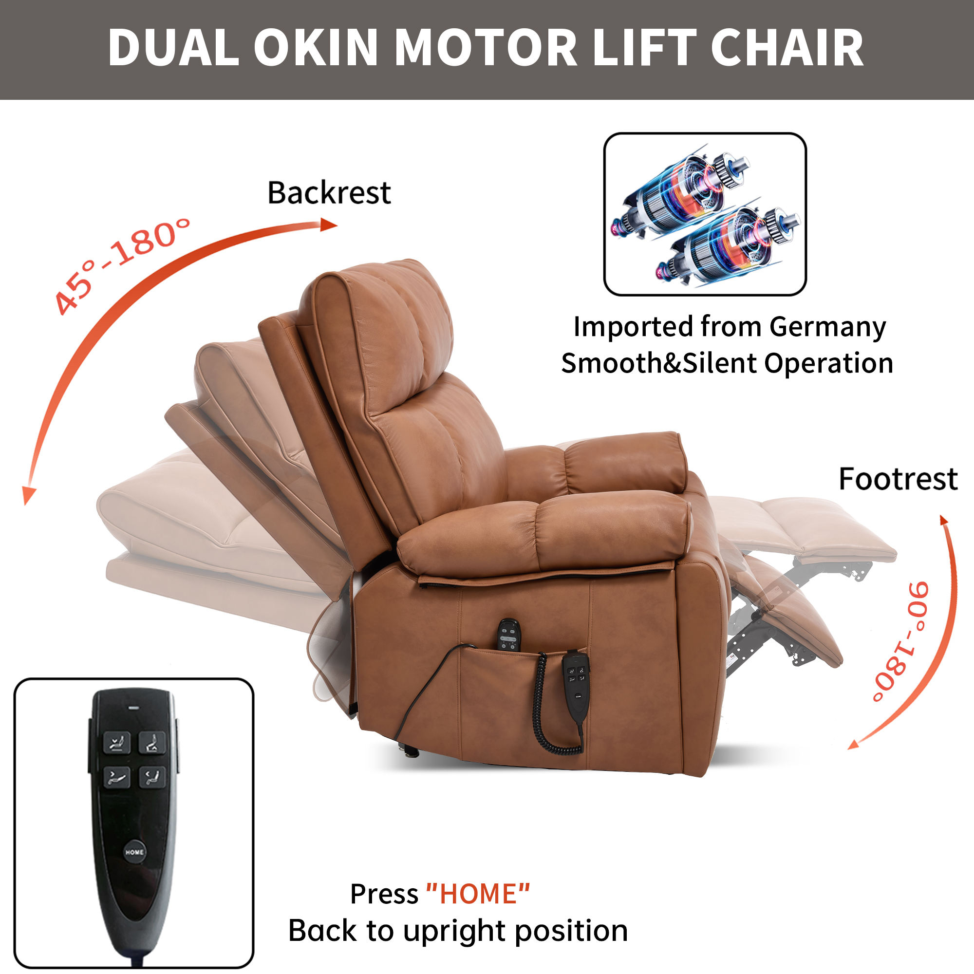 Orange Leatheraire Power Lift Recliner Chair, Dual Motor Heat Massage 350LBS With Hidden Cup Holder &amp; Remote Control