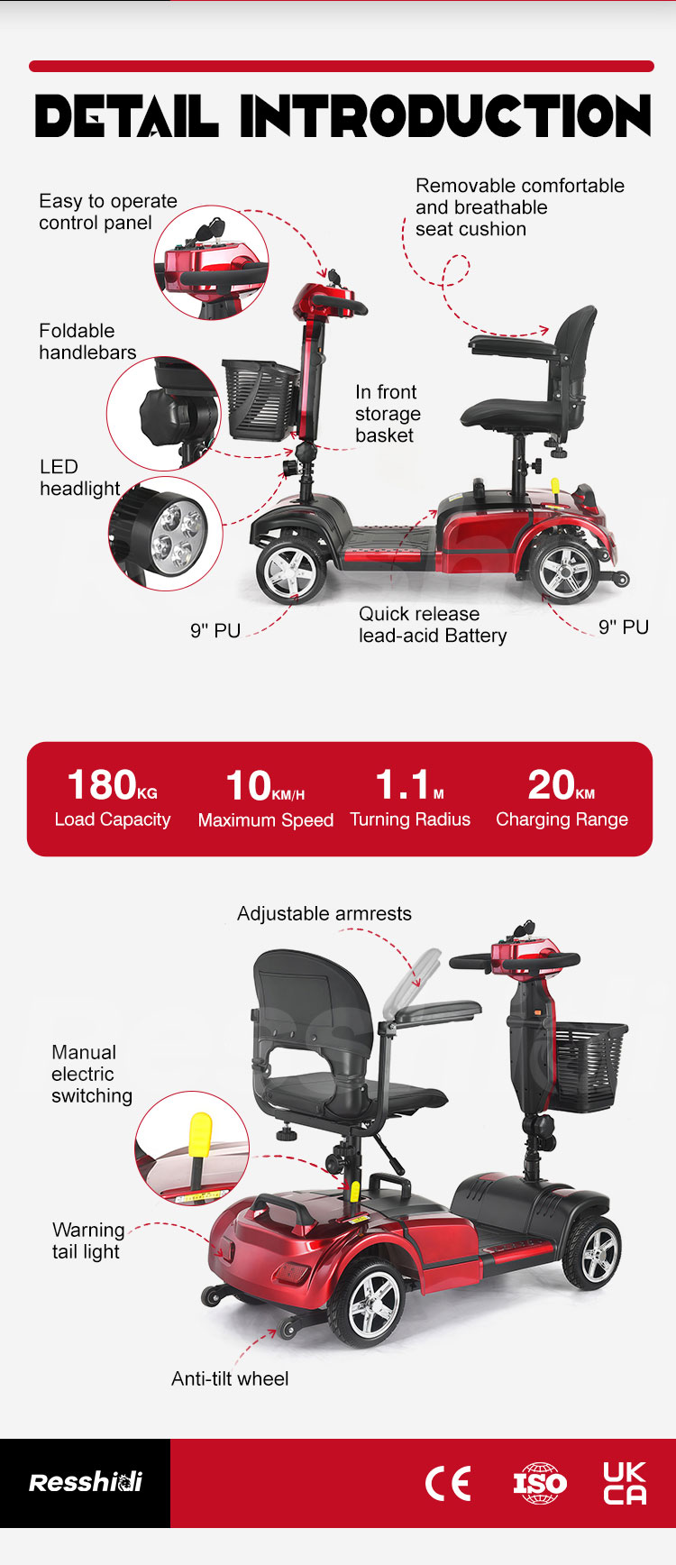 Wholesale Removable Battery Waterproof Four Wheel Electric Mobility Scooter With Quick Disassembly 180kg Load Capacity