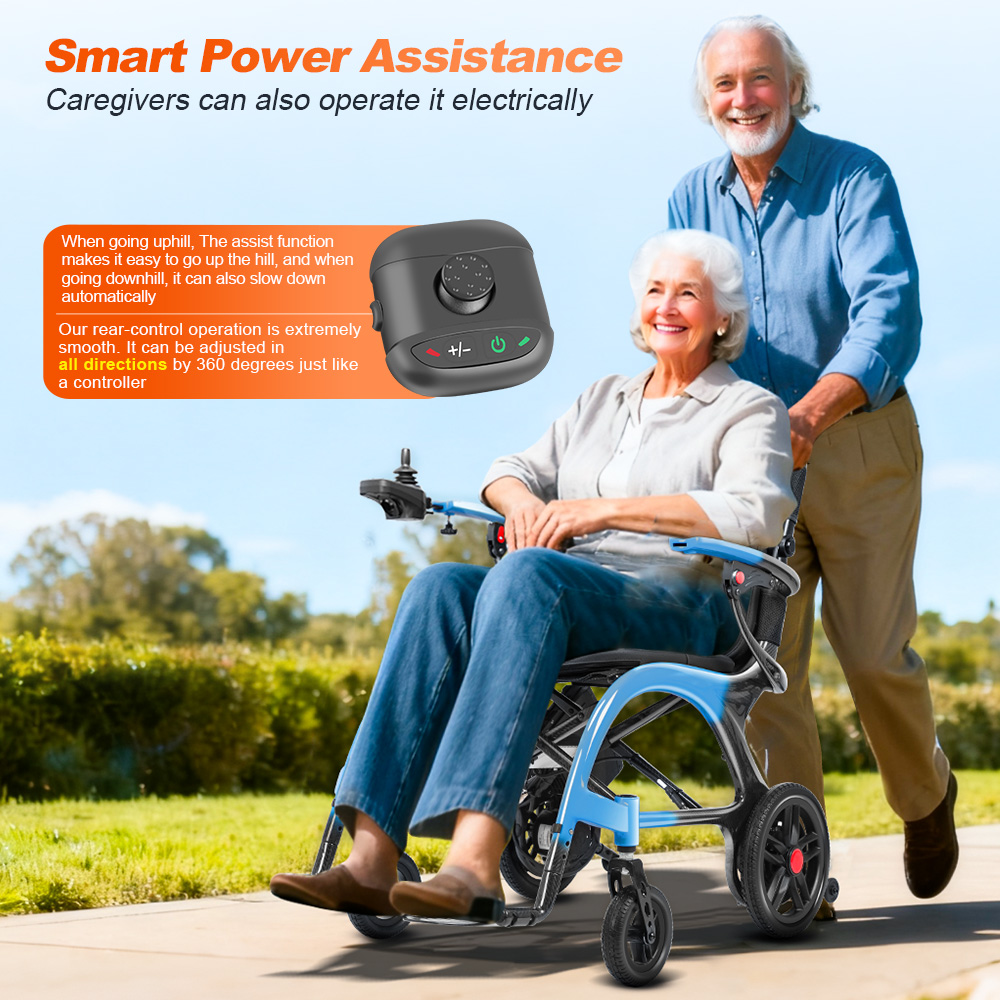 Two Battery 30KM Long Range Travel 13kg Ultra Lightweight Carbon Wheelchair 360&deg; Rear Control Widened Seat Electric Wheelchair