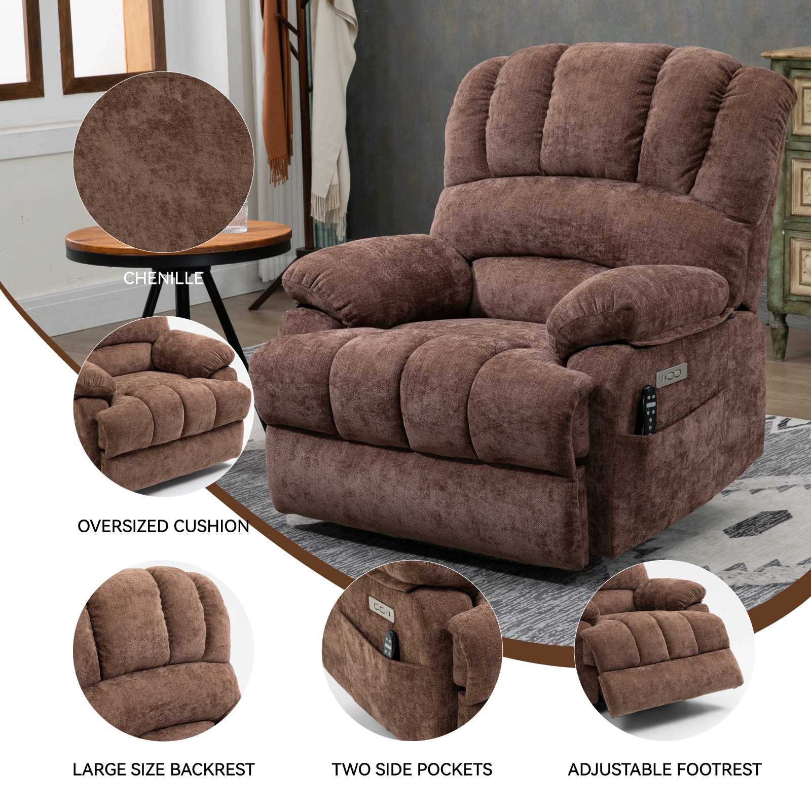 23" Seat Width Power Lift Recliner, Large Size Chenille Chair With 8-Point Vibration Massage &amp; Lumbar Heating, Brown
