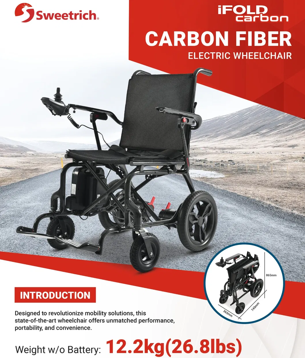 Power Foldable Lightweight Lithium Battery Carbon Wheelchair